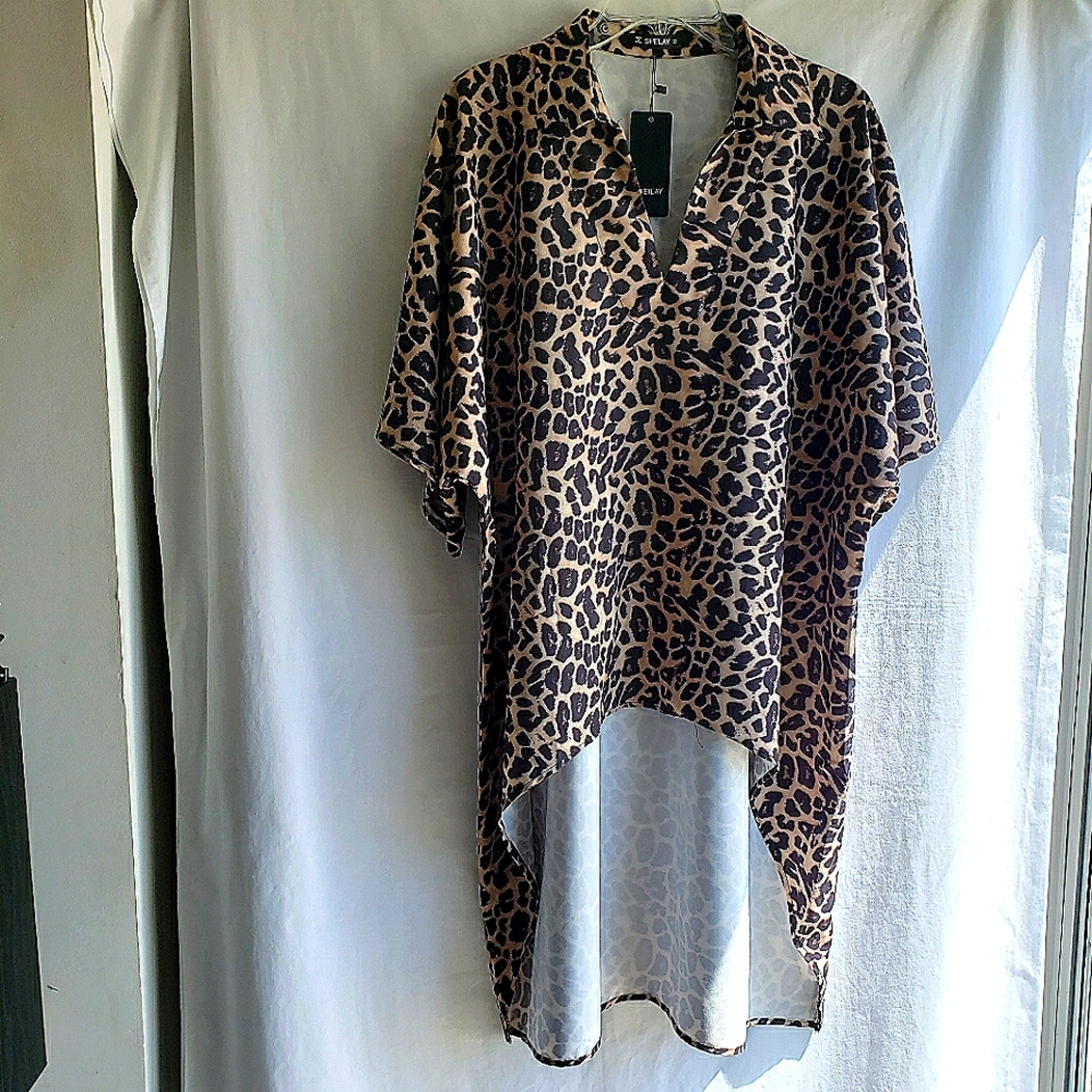 Sheilay Leopard Print High Low Blouse, Size:L